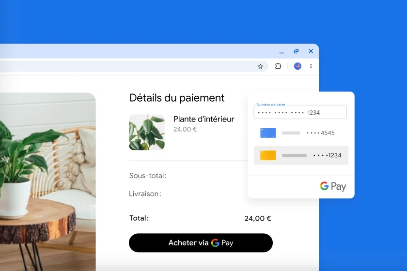 Des options d'utilisation de Google Pay sont affichées sur un site Web pour acheter de plantes.